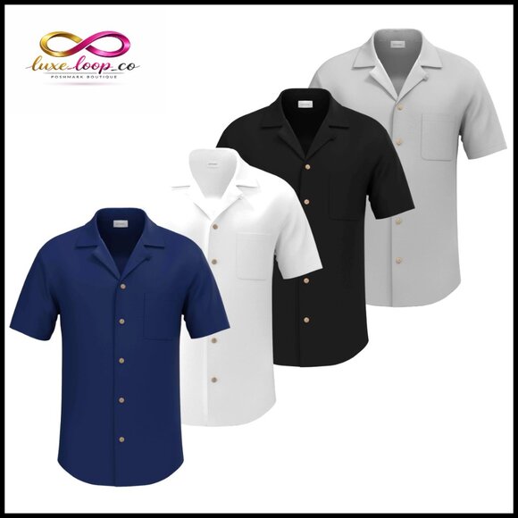 4 Pack Men's Short Sleeve Button Down Cuban Collar Shirts Wrinkle Free Muscle